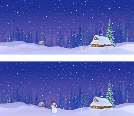 Snow covered village, winter night panoramic banners