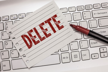 Text sign showing Delete. Conceptual photo remove or obliterate written or printed matter by...