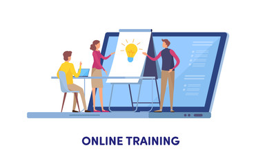 Online training, Education center, Online course, Training, Coaching, Seminar. Cartoon miniature illustration vector graphic on white background.
