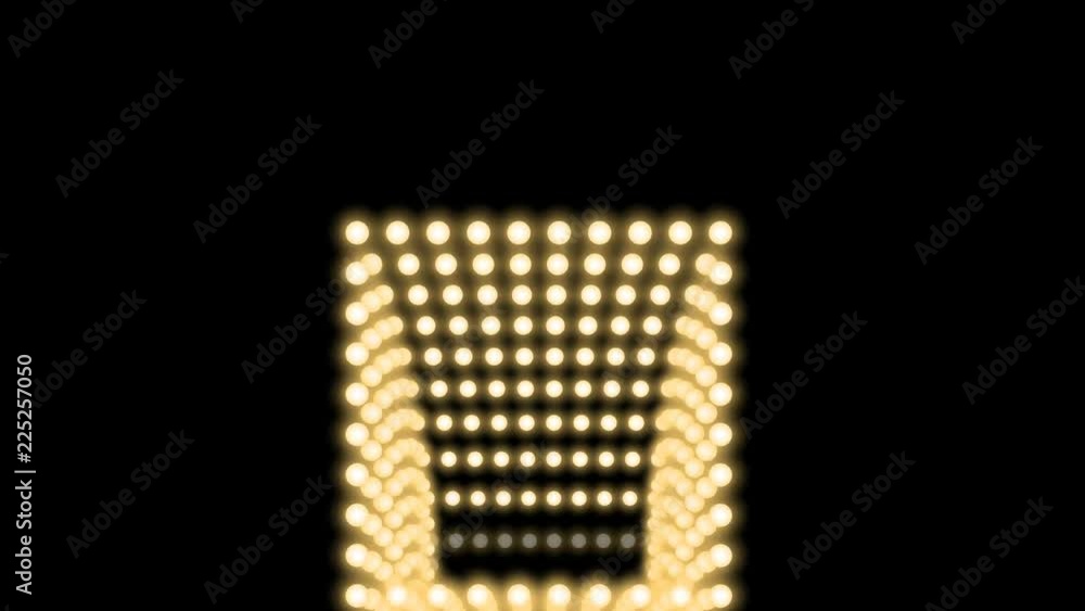 Poster tunnel incandescent light bulb box frame square shape moving pattern, retro 3d virtual style illustr