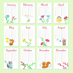 Planner calendar vector template with cute animals