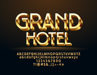 Vector Golden logo Grand Hotel. Chic glossy 3D Font. Reflective Alphabet Letters, Numbers and Symbols