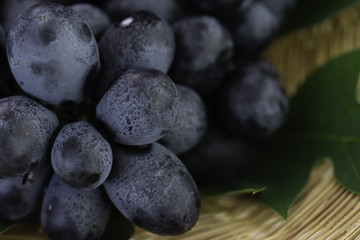 Fresh purple grapes on basket . So appetizing and testy.