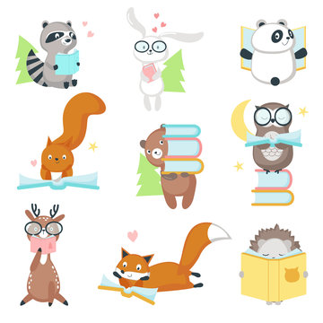 Cute wild animals reading books vector icon set