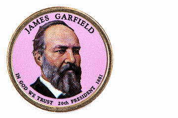 James Garfield Presidential Dollar, USA coin a portrait image of JAMES GARFIELD in God We Trust...