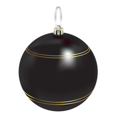 Beautiful realistic New Year 3D glassy black ball with reflects and winter pattern isolated on white background. Traditional decoration for a Christmas tree. Vector illustration.