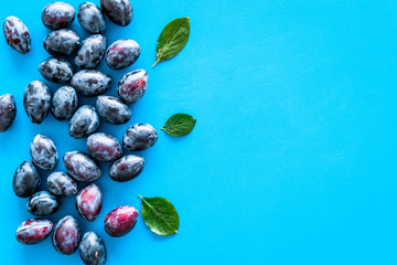 Blue plum for dessert. Purple plum and leaves pattern on blue background top view copy space