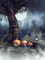 Baśniowa sceneria z dyniami na Halloween i zaczarowanym drzewem © Obsidian Fantasy