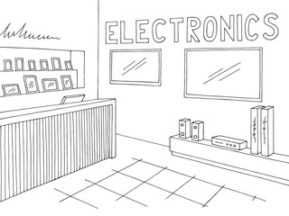 Electronics store interior graphic black white sketch illustration vector