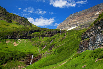 Fototapeta na wymiar Green grass and waterfalls along the Going to the Sun Road in Glacier National Park, Montana, USA