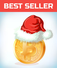 Bitcoin in santa claus hat. Bitcoin. Digital currency. Crypto currency. Money and finance symbol. Miner bit coin criptocurrency. Virtual money concept. Cartoon Vector illustration