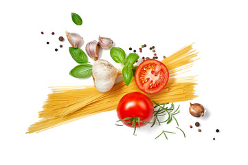 Spaghetti pasta with tomatoes garlic and basil isolated on white background. Top view.