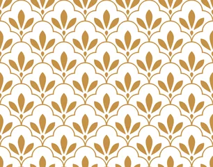 Tapeten Geometrisches Blumenmuster. Nahtloser Vektorhintergrund. Weiße und goldene Verzierung. Ornament für Stoff, Tapete, Verpackung, Dekorativer Druck © ELENA