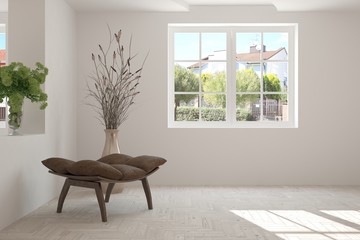 Idea of white room with armchair and summer landscape in window. Scandinavian interior design. 3D illustration