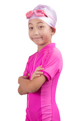 little girl with swimsuit isolated in white background