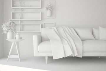 White room with sofa. Scandinavian interior design. 3D illustration