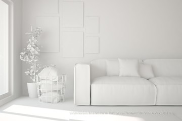 White room with sofa. Scandinavian interior design. 3D illustration