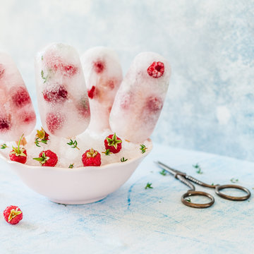 Soda, Raspberry and Thyme Ice Pops