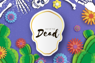 Day of the dead. Paper cut skull for mexican celebration. Traditional mexico skeleton. Dia de muertos. Mexican holiday. Purple. Origami flower,cactus. Skull frame for text.