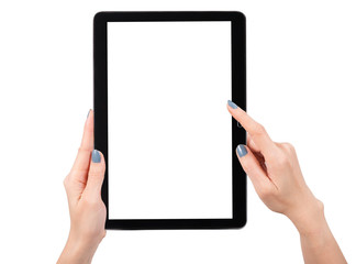 Woman hand using mock up digital tablet isolated clipping patch