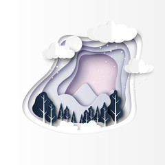 Winter landscape scenery with forest and mountains paper cut abstract background.Vector illustration.