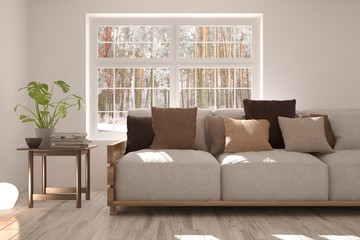 Idea of white room with sofa and forest landscape in window. Scandinavian interior design. 3D illustration