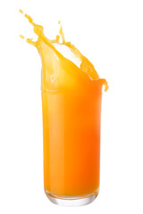 Fototapeta na wymiar Orange juice splashing out of glass isolated on white background.