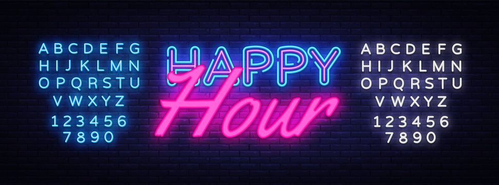 Happy Hour Neon Text Vector. Happy Hour neon sign, design template, modern trend design, night neon signboard, night bright advertising, light banner, light art. Vector. Editing text neon sign