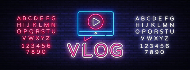 Vlog neon sign vector design template. Blogging neon logo, light banner design element colorful modern design trend, night bright advertising, bright sign. Vector illustration. Editing text neon sign