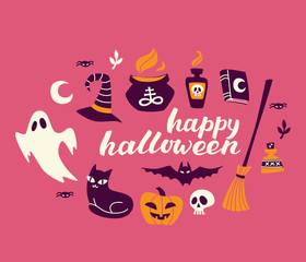 Illustation of Halloween Icon Set. Isolated Hand Lettering on White Background.