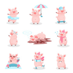 Funny pigs activity set, cute piglets cartoon characters in different situations vector Illustration on a white background