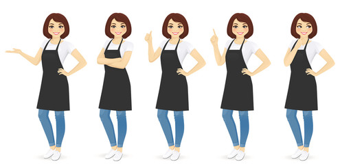 Smiling woman in apron standing with different gestures isolated