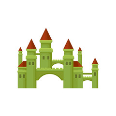 Fototapeta premium Small medieval castle. Green fortress with brown conical roofs. Flat vector for promo poster of children entertainment center