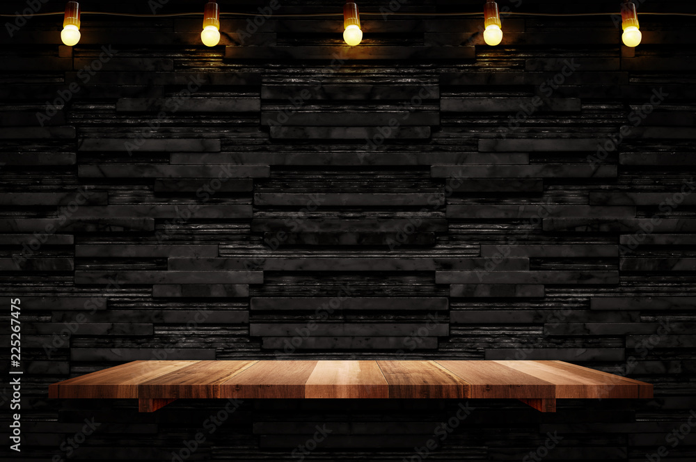Aufkleber empty brown plank wood shelf at black layer marble tile wall background,mock up for display or monta