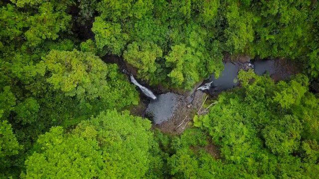 Aerial view of Faarumai waterfall in Tahiti island.