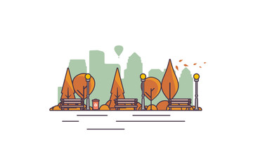 Obraz premium Vector illustration of a beautiful autumn city park with town building background. Evening in the park.