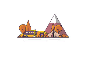 Beautiful vector illustration autumn abstract landscape with wildcamp and tent. Outline stroke design.

