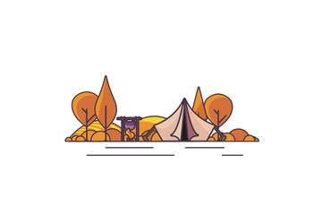 Beautiful vector illustration autumn abstract landscape with wildcamp and tent. Outline stroke design.