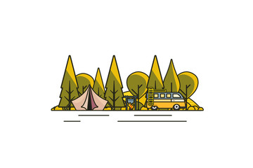 Sunny day landscape illustration in flat design,  outline stroke style with tent, campfire, mountains, forest and water. Background for summer camp, nature tourism, camping or hiking design concept.