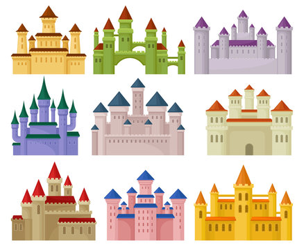 Flat vector set of colorful royal castles. Large fortresses with high towers. Elements for children book or mobile game