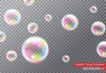 Set of realistic transparent colorful soap bubbles with rainbow reflection isolated on checkered background