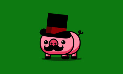 Cute Capitalist Pig with Moustache and Hat Illustration in Flat Line Art Style Design