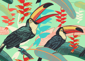 Floral seamless pattern with birds toucans and tropical leaves and flowers. © marinavorona