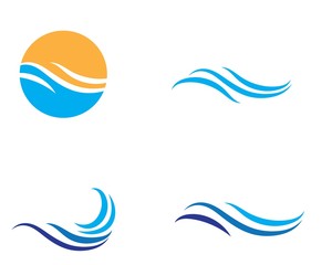 Fototapeta na wymiar Vector Logo with yellow sun and blue sea waves.