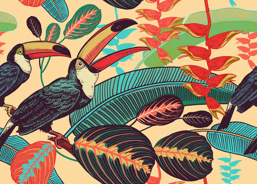 Floral seamless pattern with birds toucans and tropical leaves and flowers. © marinavorona