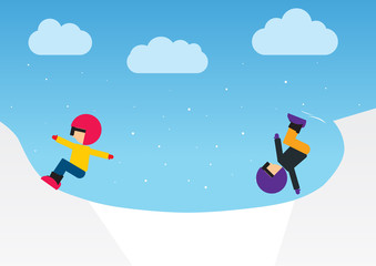 Fototapeta na wymiar Cool vector snowboarders with board wearing ski clothes and goggles riding down the slope at ski resort, flat design | Adult young female snowboarder person