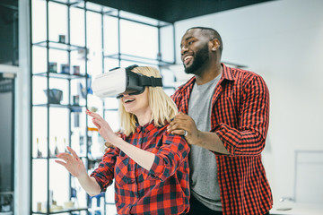 International students resting together  with glasses of virtual reality - future technology concept.