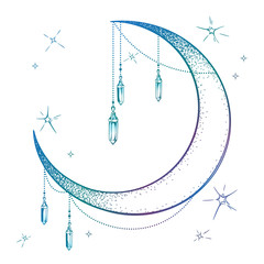 Blue crescent moon with moonstone gem pendants and stars vector illustration. Hand drawn boho style art print poster design, astrology, alchemy, magic symbol over white background. © croisy