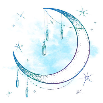 Naklejki Błękitna półksiężyc księżyc z moonstone klejnotu wisiorkami i gwiazda wektoru ilustracją. Ręcznie rysowane w stylu boho druk artystyczny projekt plakatu, astrologia, alchemia, magiczny symbol na abstrakcyjnym tle akwarela.