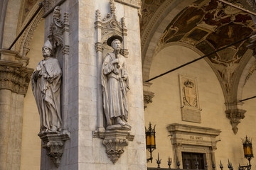 Sculptures decorating the Loggia della Mercanzia or Merchants lodge in Siena Italy